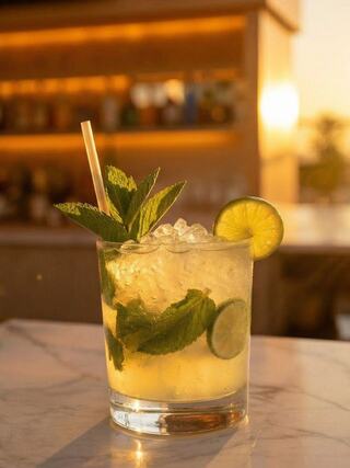 A refreshing cocktail garnished with mint and lime, served over crushed ice, illuminated by warm sunset hues in the background.