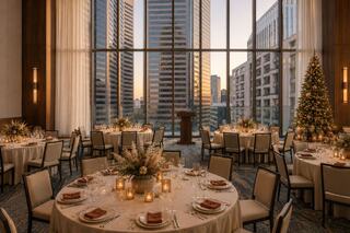 Elegant dining space with beautifully set tables, soft lighting, and a festive tree, framed by stunning city skyline views at sunset.