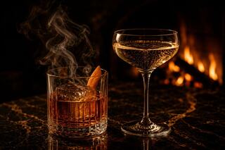 A smoky whiskey with a slice of orange sits beside a sparkling cocktail, both glowing softly against a warm, inviting fireplace backdrop.