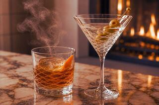A smoky whiskey with a slice of orange sits beside a sparkling cocktail, both glowing softly against a warm, inviting fireplace backdrop.