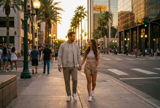 A couple strolls hand in hand down a lively street lined with palm trees, basking in the warm glow of a sunset.