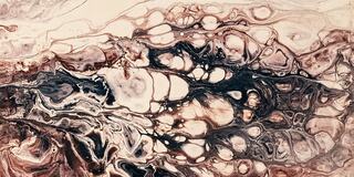 Swirls of earthy tones intertwine with soft pastels, creating an abstract, fluid design with organic shapes and intricate patterns.