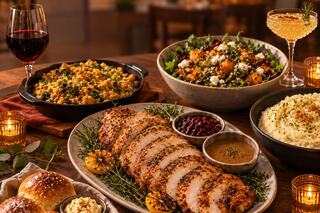 A festive feast featuring sliced savory turkey, stuffing, mashed potatoes, a colorful salad, and drinks, all beautifully arranged on a table.