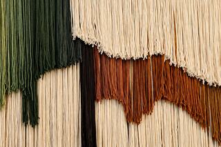 A textured wall hanging features flowing strands in varying shades of green, beige, brown, and black, creating a vibrant, layered effect.