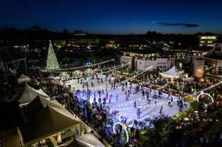 A lively outdoor ice skating rink lit by festive lights and surrounded by a crowd, with a large holiday tree in the background.
