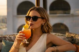 A stylish woman enjoys a vibrant cocktail while relaxing on a plush sofa, surrounded by city views during a golden sunset.