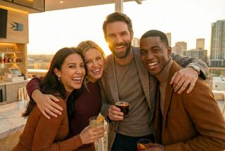 Four friends smile and pose together at a rooftop bar during sunset, each holding a drink and enjoying their time.
