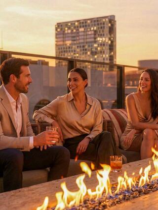 Three friends enjoy drinks by a warm fire, chatting and laughing against a stunning sunset and modern city backdrop. Casual elegance prevails.