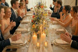 Elegant wedding reception with joyful guests seated at a beautifully decorated long table, featuring floral centerpieces and soft candlelight.