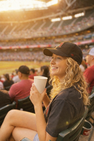 A smiling woman in a baseball cap enjoys a drink while watching a game, with a lively crowd and stadium atmosphere in the background.