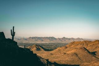 A serene desert landscape featuring rolling hills and mountains under a clear sky, with a solitary cactus silhouetted in the foreground.