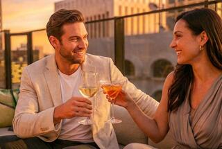 A man and woman toast with glasses of wine and a cocktail, smiling at each other against a sunset backdrop on a rooftop.