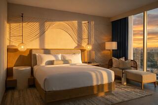 A modern bedroom featuring a large bed, elegant decor, warm lighting, and expansive windows showcasing a stunning sunset view.