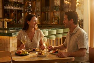 A couple enjoys a romantic dinner, smiling and toasting with glasses of wine, surrounded by elegant decor and delicious dishes.
