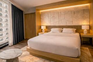 A modern bedroom features a wooden bed, soft lighting, sleek decor, and a cozy ambiance, complemented by a stylish side table.