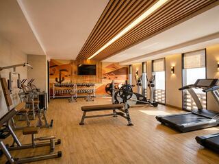A modern gym with various equipment, including weights and cardio machines, featuring large windows and a stylish wooden ceiling.