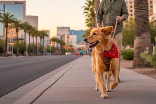 A golden retriever wearing a red bandana strolls happily alongside a person on a bustling city sidewalk lined with palm trees.