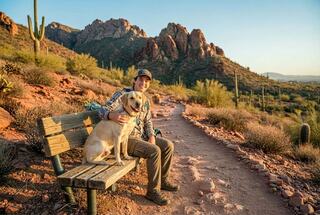 A man sits on a bench with a dog in a desert landscape, surrounded by cacti and rocky mountains during golden hour light.