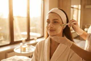 A woman in a bathrobe receives a facial treatment, smiling, as a professional applies a mask in a softly lit spa environment.