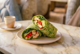 A colorful spinach wrap filled with chicken, fresh vegetables, and vibrant toppings sits on a plate beside a coffee cup on a marble table.