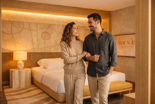 A happy couple walks hand in hand through a stylish hotel room, enjoying each other's company in a cozy, well-lit space.