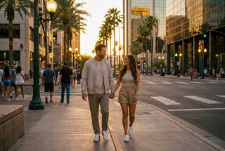 A couple strolls hand-in-hand down a bustling urban street at sunset, surrounded by palm trees and city lights.