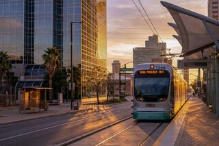 A modern light rail train approaches a station, framed by gleaming buildings and bathed in golden sunset light, creating a vibrant urban scene.