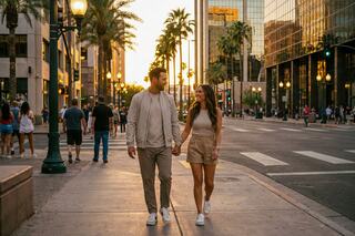A couple strolls hand-in-hand down a busy city street at sunset, surrounded by palm trees and bustling pedestrians.